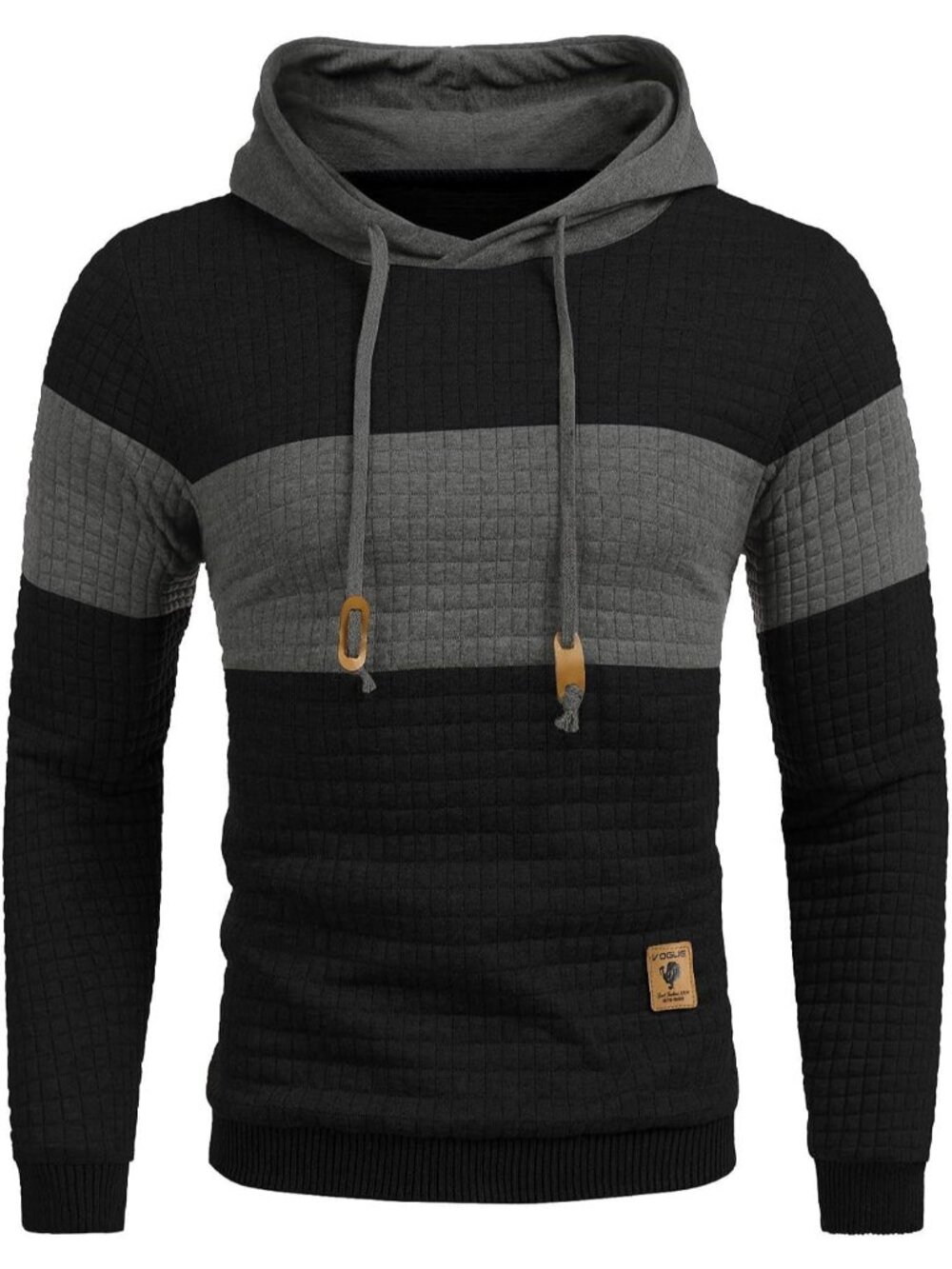 Coofandy Men Black Light Grey Long Sleeve Drawstring Waffle Knit Pullover Hoodie